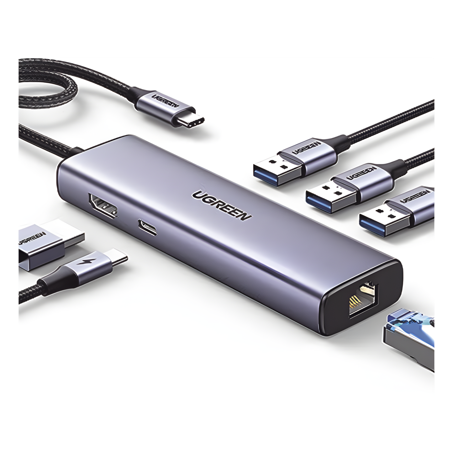 HUB USB-C (Docking Revodok) 6 en 1 | 3 Puertos USB-A 3.0 (5 Gbps) | USB-C PD 100W | HDMI 4K@30Hz | Entrada 1 RJ45 (Gigabit Ethernet) | Chip de Última Generación | Potente Disipación de Calor |  Caja de Aluminio.
