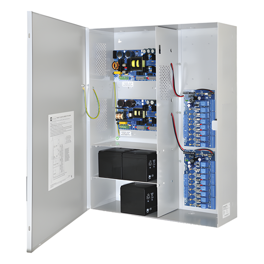 Fuente de poder DUAL ALTRONIX de 12 Vcc @ 9.3 Amper, y 24 Vcc @ 9.6 Amper con 16 salidas, con capacidad de batería de respaldo, requiere batería, para aplicaciones de control de acceso, alarmas, CCTV, con voltaje de entrada en 120 Vca