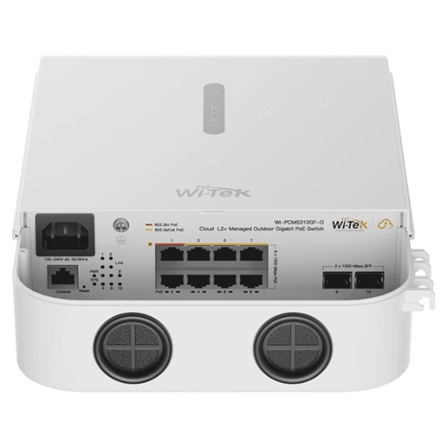 Switch PoE Gigabit 8 Puertos / 2 SFP Uplink / PoE++ 802.3bt 90W Puerto 1-2 / PoE+ 802.3at 30W Puerto 3-8 / 110W Presupuesto Total / 20Gbps Switching / Sin Ventilador / Montaje en Pared o Poste / Industrial -30°C a 60°C