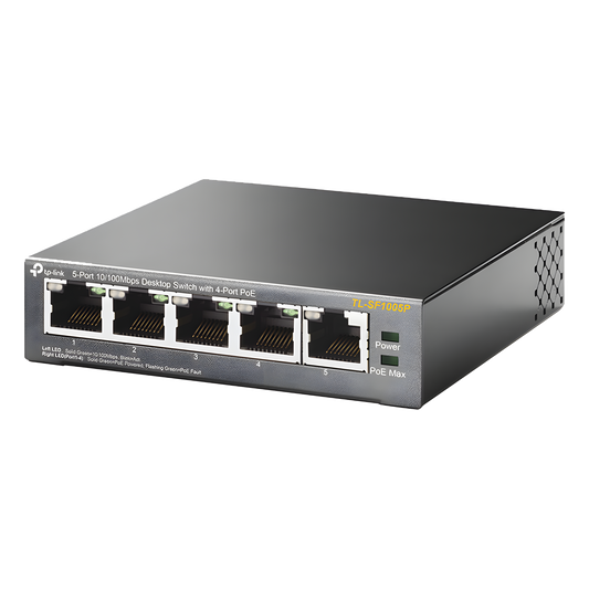 Switch PoE no Administrable de escritorio / 5 puertos 10/100 Mbps / 4 puertos PoE af/at / Presupuesto 67 W / Modo Extensor hasta 250 m / Calidad video prioritaria