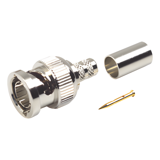 Conector BNC Macho en 75 Ohm, Anillo Plegable para Coaxial 8279, RG-59/U, Níquel/ Oro/ Teflón.