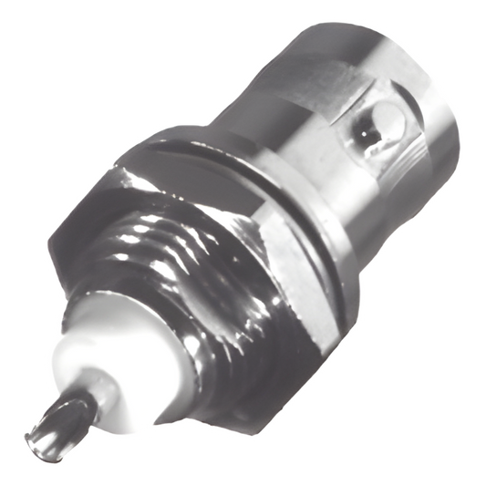 Conector BNC Hembra para Chasis, Montaje Frontal, Soldable, D-Plano, Troquelado, Niquel/ Oro/ Delrin.
