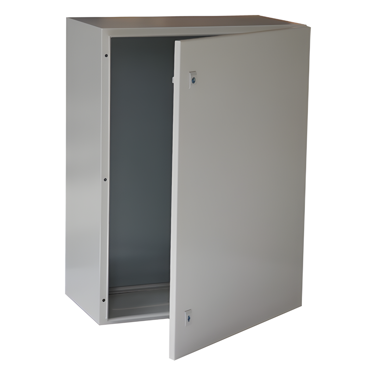 Gabinete de Acero IP66 Uso en Intemperie (600 x 800 x 300 mm) con Placa Trasera Interior Metálica y Compuerta Inferior Atornillable (Incluye Chapa y Llave T).