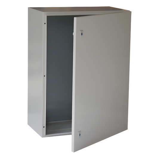 Gabinete de Acero IP66 Uso en Intemperie (600 x 800 x 300 mm) con Placa Trasera Interior Metálica y Compuerta Inferior Atornillable (Incluye Chapa y Llave T).