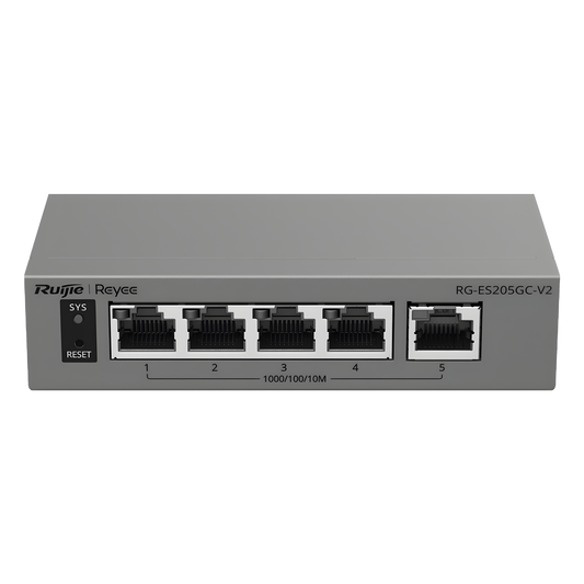 Switch Capa 2 Gestionado en la Nube / 5 Puertos Gigabit / Switching 10 Gbps / Forwarding 7.44 Mpps / Diseño sin Ventilador / Protección 6 kV / Modo CCTV de un Clic / 32 VLANs / Gabinete Metálico / Ruijie Cloud