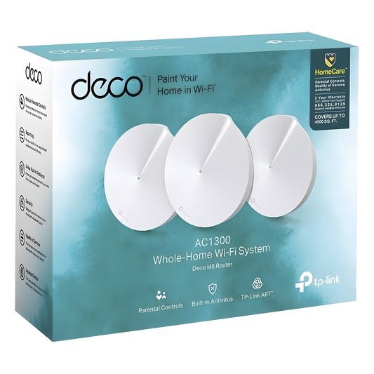 Kit 3 Routers Inalámbricos MESH Interior para Hogar / Doble Banda Wi-Fi 5 AC1300 Mbps / 2 Puerto Gigabit WAN/LAN / 4 Antenas Internas / Administración Mediante la App Deco (iOS, Android) / Protección HomeCare