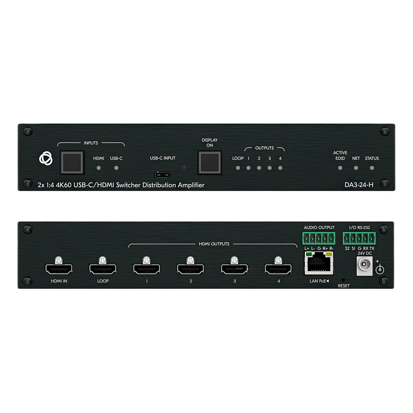 Distribuidor y Switcher 2x1:4 | 4K@60Hz 4:4:4 | HDMI 2.0b | HDCP 2.3 | 18Gbps | EDID Inteligente | Escalado Automático | Audio Analógico | RS-232 | Alimentación 20 VDC | Montaje en Rack 1U | 21.46 cm x 16.30 cm x 4.36 cm (8.45 in x 6.