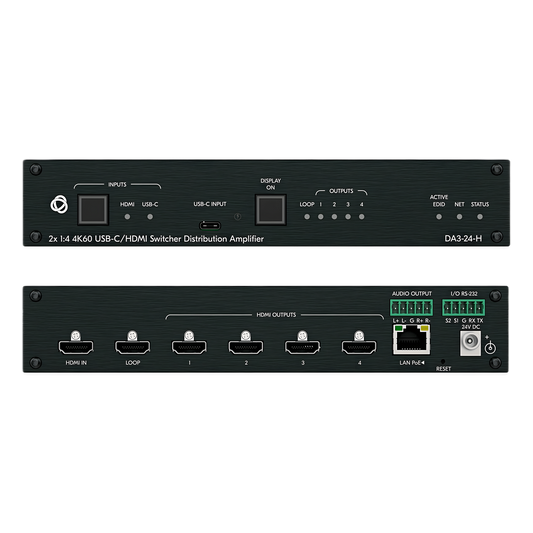 Distribuidor y Switcher 2x1:4 | 4K@60Hz 4:4:4 | HDMI 2.0b | HDCP 2.3 | 18Gbps | EDID Inteligente | Escalado Automático | Audio Analógico | RS-232 | Alimentación 20 VDC | Montaje en Rack 1U | 21.46 cm x 16.30 cm x 4.36 cm (8.45 in x 6.