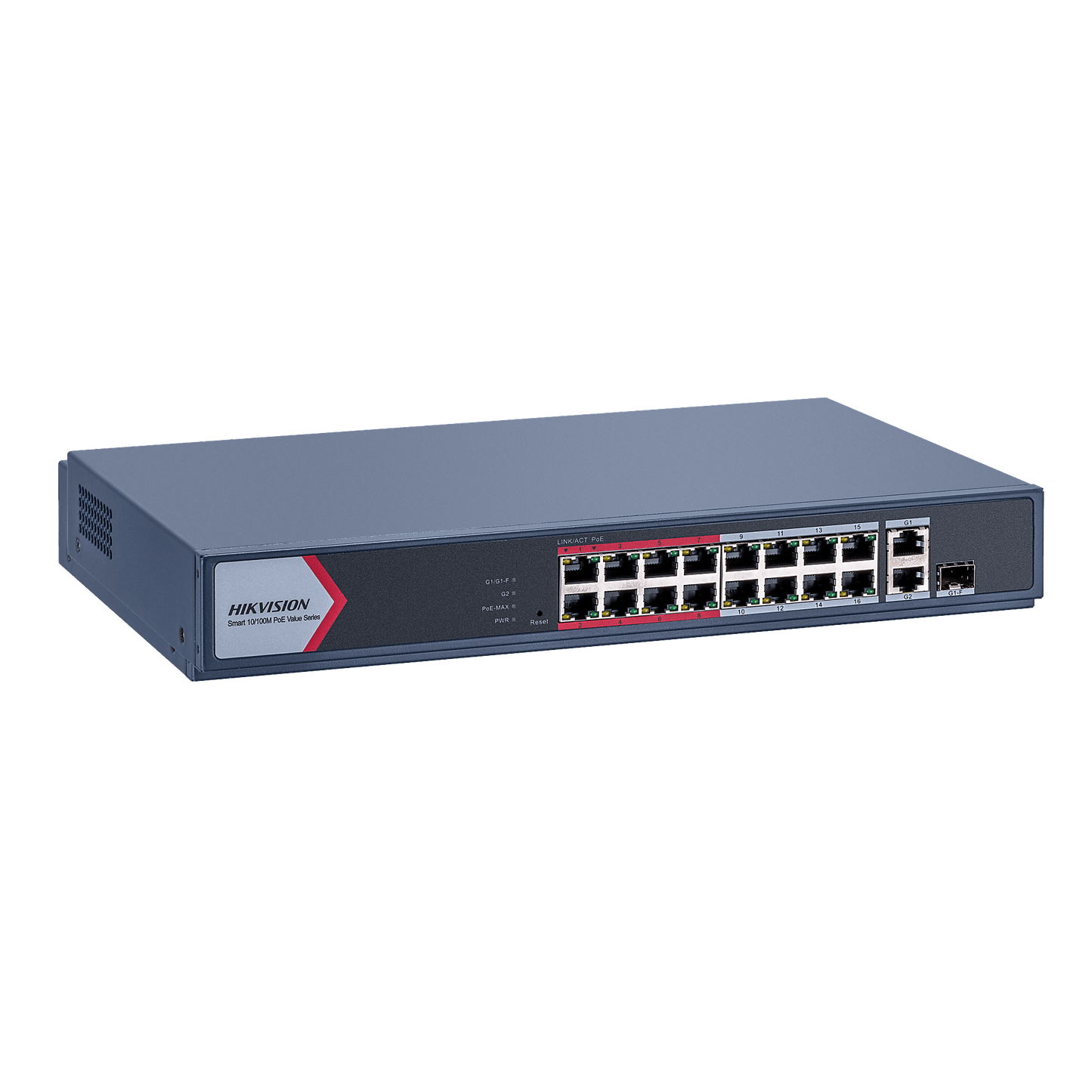 Switch PoE+ / Monitoreable / 16 Puertos 10/100 Mbps PoE+ / 2 Puertos 1000 Mbps Uplink / 1 Puerto SFP Uplink / Modo Extendido hasta 300 Metros / 130 W