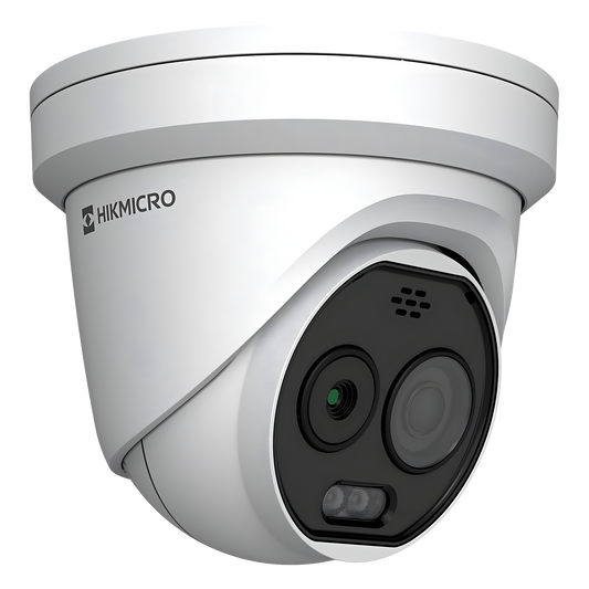 (HIKMICRO) Turret IP Bi-espectral (Térmica + Óptica) / Lente Térmico 2.1 mm (256 X 192) / Lente Óptico 2.2 mm (5 Megapixel) / Detección de Temperatura (-20°C a 650°C) / IA con GUANLAN / Dual Light (30 mts IR + 30