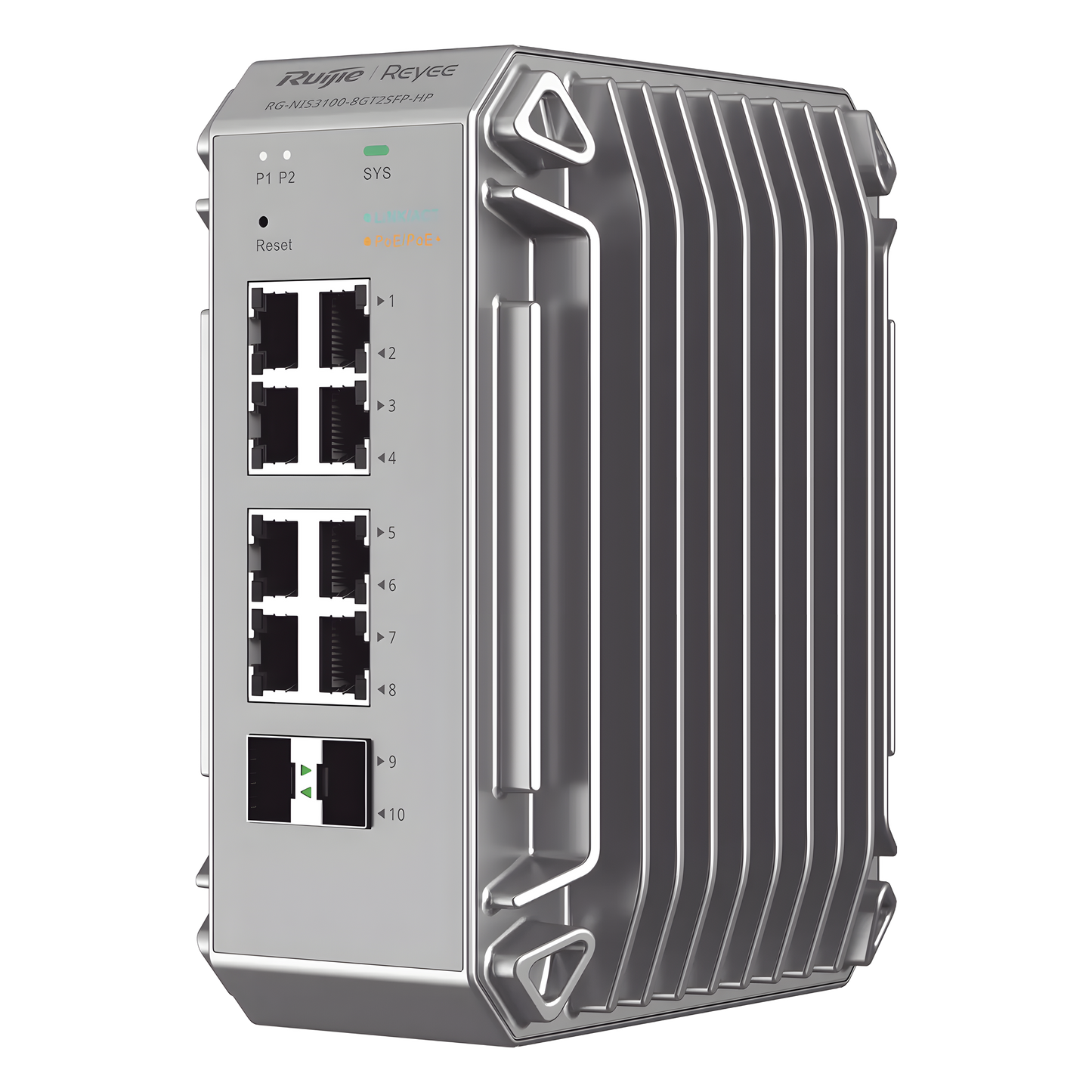 Switch Industrial PoE, Ideal para temperaturas Extremas y protección contra descargas, 8 puertos Gigabit PoE 802.3af/at + 2 SFP para fibra 1Gb, gestión gratuita desde la nube, 125w