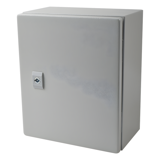Gabinete de Acero IP66 Uso en Intemperie (250 x 300 x 150 mm) con Placa Trasera Interior Metálica y Compuerta Inferior Atornillable (Incluye Chapa y Llave T).