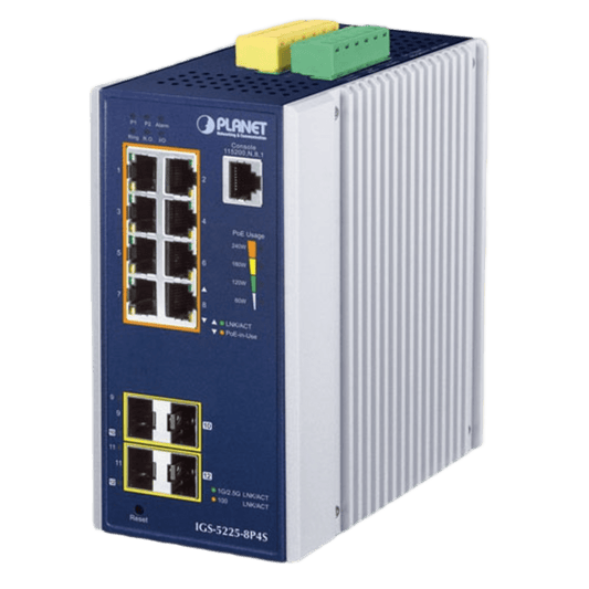 Switch Industrial Administrable Capa2, 8 Puertos Gigabit con PoE+ 802.3at, 2 Puertos SFP de 100/1G y 2 Puertos SFP de 100/1G/2.5G