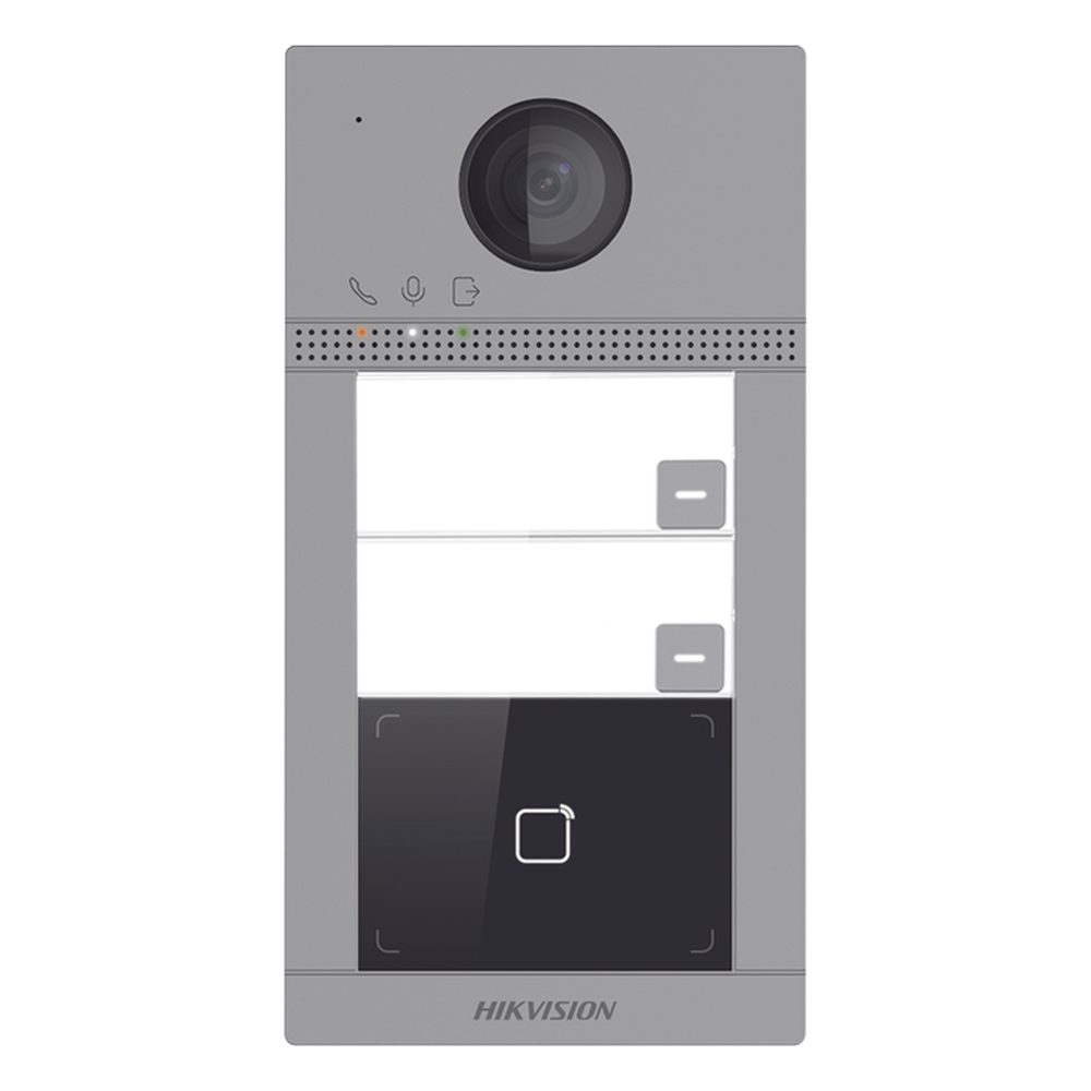 Videoportero IP 2 Megapixel / Llamada y Apertura Remota desde App Hik-Connect (requiere monitor) / PoE / Exterior IP65 + Antivandalico IK08 / 2 Departamentos / Apertura con Tarjeta / Soporta 2 Puertas y hasta 6 Monitores