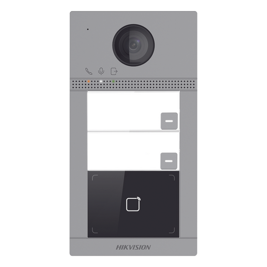 Videoportero IP 2 Megapixel / Llamada y Apertura Remota desde App Hik-Connect (requiere monitor) / PoE / Exterior IP65 + Antivandalico IK08 / 2 Departamentos / Apertura con Tarjeta / Soporta 2 Puertas y hasta 6 Monitores