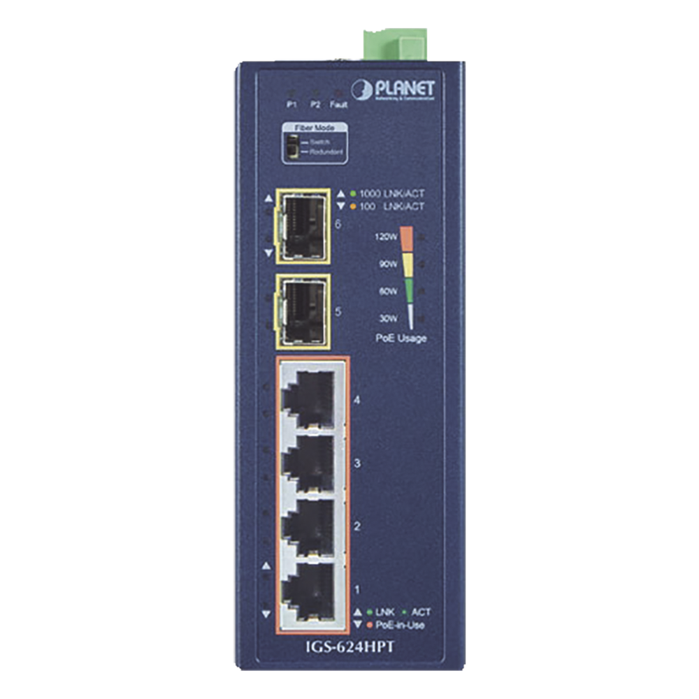Switch PoE Industrial No Administrable de 4 Puertos PoE 10/100/1000T 802.3at, 2 Puertos SFP 10/1000X