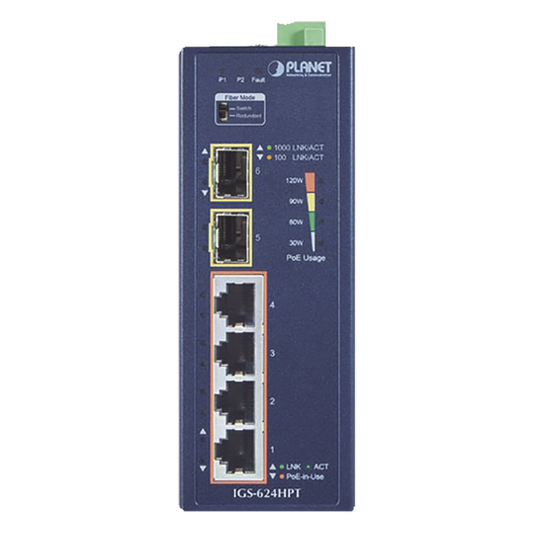 Switch PoE Industrial No Administrable de 4 Puertos PoE 10/100/1000T 802.3at, 2 Puertos SFP 10/1000X