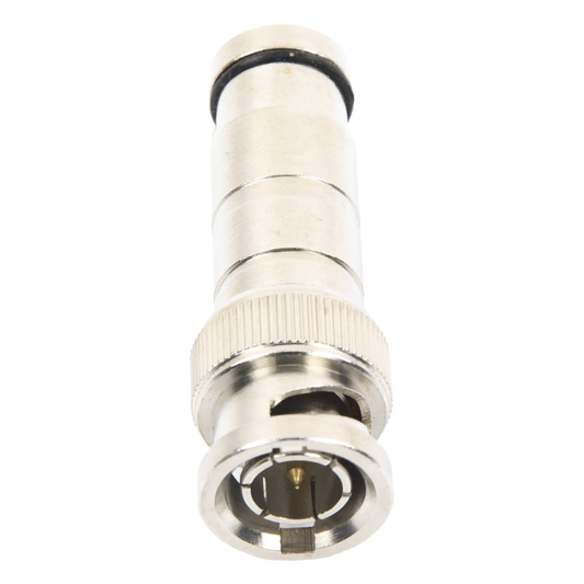 Conector BNC Macho en 75 Ohm, de Compresión Axial para Cable Coaxial RG-59/U, Níquel/ Oro/ Politetrafluoroetileno.