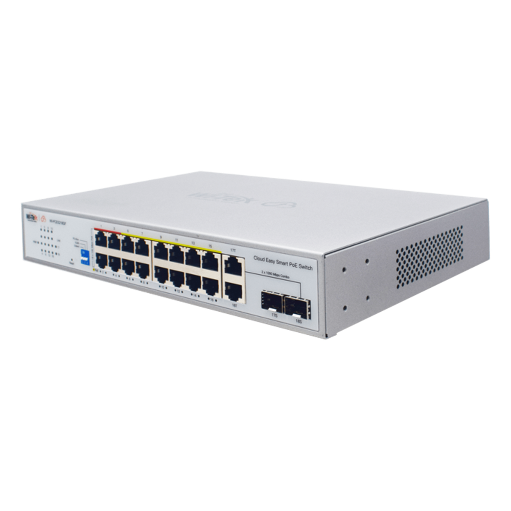 Switch PoE / Administración en la nube / Con 16 puertos 10/100 Mbps PoE af/at (Puertos 1-4: bt 90W) / 2 Puertos Uplink 10/100/1000 Mbps / 1 Puerto SFP Gigabit / Presupuesto 250 W / PoE hasta 250 metros / Soporta protocolo ONVIF