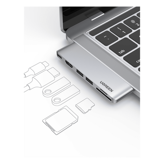 Hub USB-C 6 en 1 / 2xUSB-A 3.0 (5Gbps) / HDMI 4K@30Hz / Puerto PD 100W / Lector SD+MicroSD / Aluminio / Compatible Thunderbolt 3 / Compacto 110x29x8.5mm