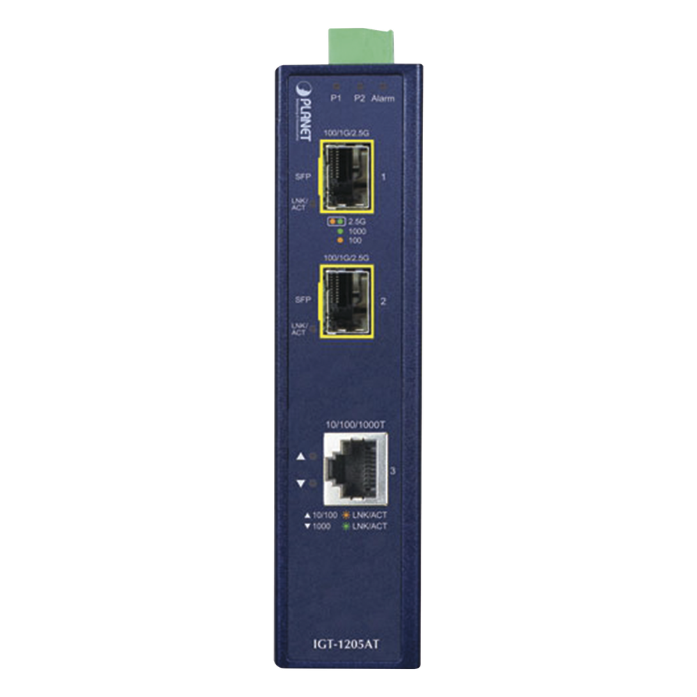 Convertidor de Medios Industrial de 1 Puerto Ethernet 10/100/1000 Base-T a 2 Puertos SFP 100/1000/2500 Base-X