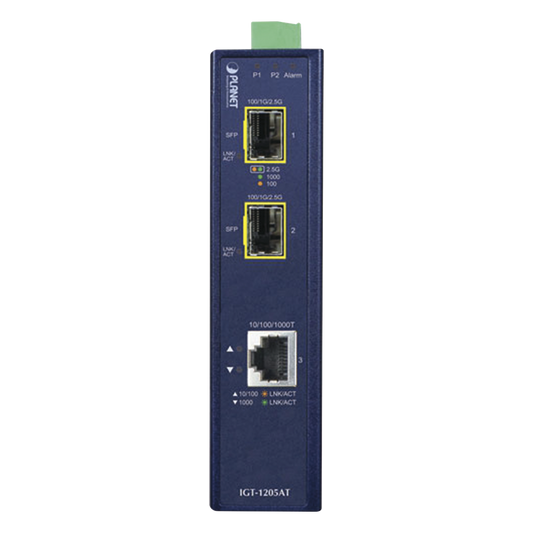 Convertidor de Medios Industrial de 1 Puerto Ethernet 10/100/1000 Base-T a 2 Puertos SFP 100/1000/2500 Base-X