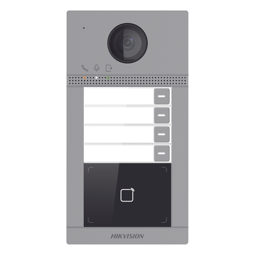 Videoportero IP 2 Megapixel / Llamada y Apertura Remota desde App Hik-Connect (Requiere monitor )/ PoE / Exterior IP65 + Antivandalico IK08 / 4 Departamento / Apertura con Tarjeta / Soporta 2 Puertas y hasta 6 Monitores