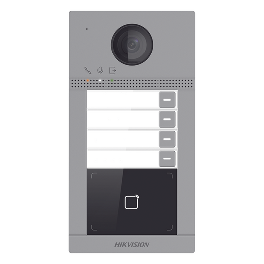 Videoportero IP 2 Megapixel / Llamada y Apertura Remota desde App Hik-Connect (Requiere monitor )/ PoE / Exterior IP65 + Antivandalico IK08 / 4 Departamento / Apertura con Tarjeta / Soporta 2 Puertas y hasta 6 Monitores