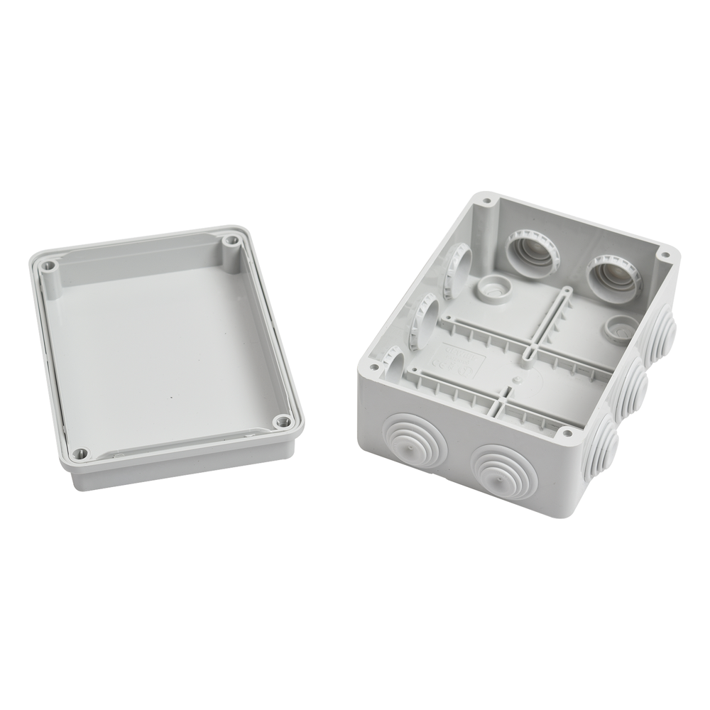 Caja Estanca de PVC Para Derivación y Conexión, 10 Entradas, Tapa Atornillada, 150x110x70 mm (Área interna), Uso Exterior IP55, Material que no Propaga el Fuego y Libre de Hálogenos