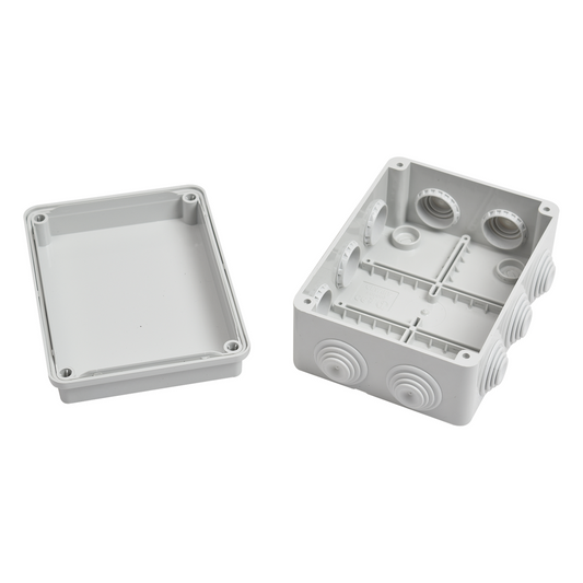 Caja Estanca de PVC Para Derivación y Conexión, 10 Entradas, Tapa Atornillada, 150x110x70 mm (Área interna), Uso Exterior IP55, Material que no Propaga el Fuego y Libre de Hálogenos