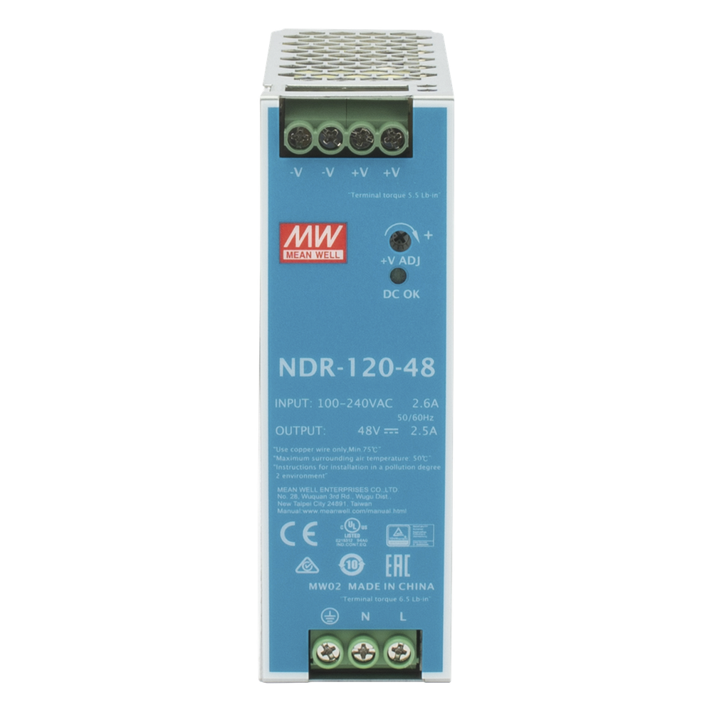 Fuente de poder industrial de 120 W, salida 48 Vcc, entrada 90~264 VCA, para montaje en riel DIN,