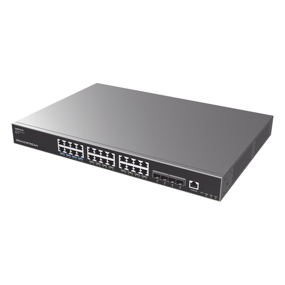 Switch Capa 3 PoE+ Administrable / 24 puertos 10/100/1000 Mbps + 4 Puertos SFP+ de 10 Gigabits / Hasta 360W / Compatible con GWN Cloud.