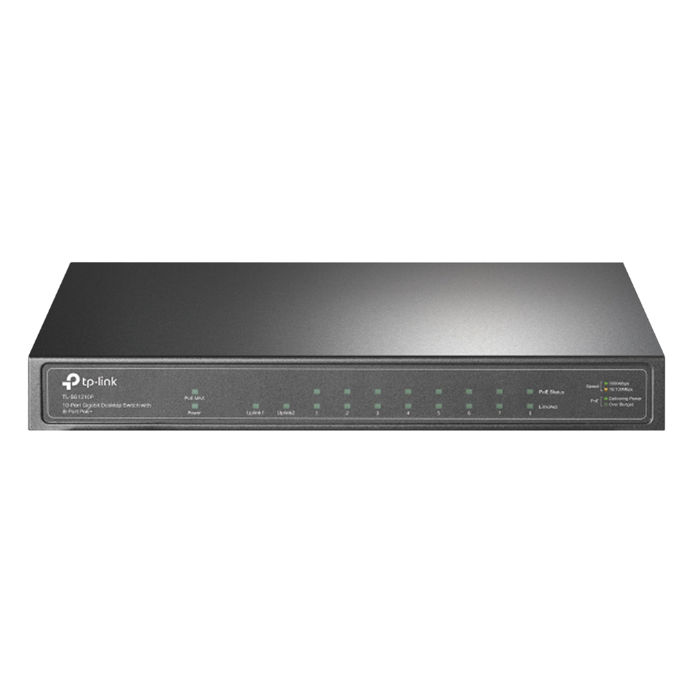 Switch de escritorio PoE+, no Administrable 8 puertos 10/100/1000 Mbps + 1 puertos 10/100/1000 Mbps (Uplink) + 1 puerto SFP, 63W