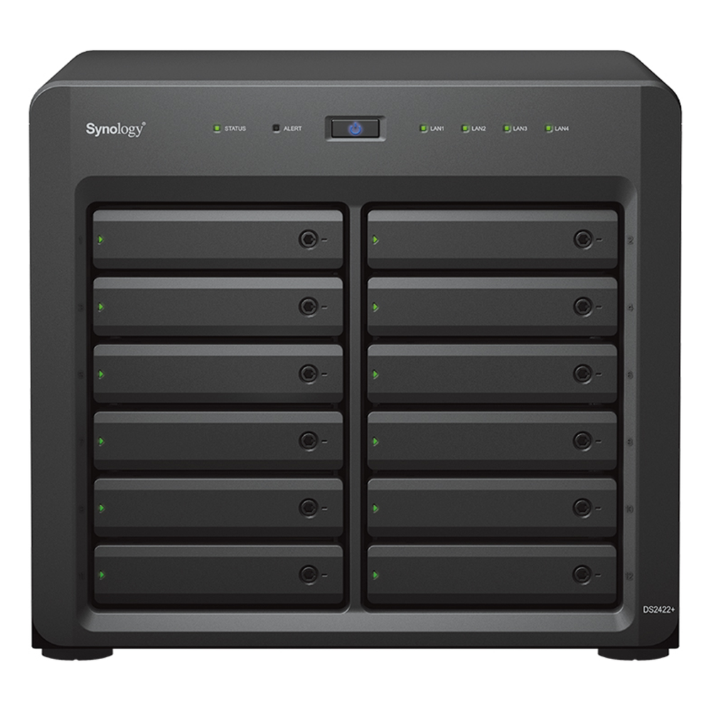 NAS Synology DiskStation DS2422+ | 12 Bahías | Expandible a 24 Bahías | Procesador AMD Ryzen Quad-Core | Hasta 32 GB DDR4 ECC | Caché NVMe SSD | Redes 10/25GbE | Compatible con Virtualización y Vigilancia.
