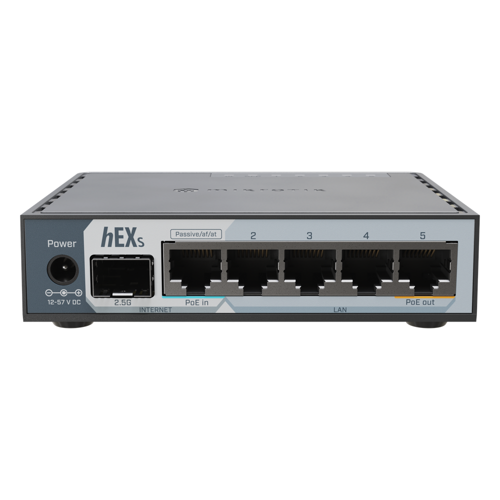 Router hEX S / 5 Puertos Gigabit Ethernet / 1 Puerto SFP 2.5G / Dual-Core ARM / 512 MB RAM / RouterOS V7 / PoE-In y PoE-Out / Montaje en Pared