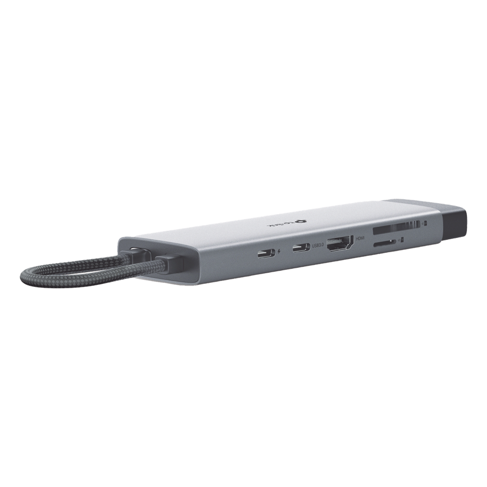 Adaptador HUB 9 en 1, 1 puerto USB-C entrada, 1 puerto HDMI 4K, 1 puerto Ethernet Gigabit, 1 puerto SD y MicroSD, 1 puerto USB-C y 3 puertos USB-A