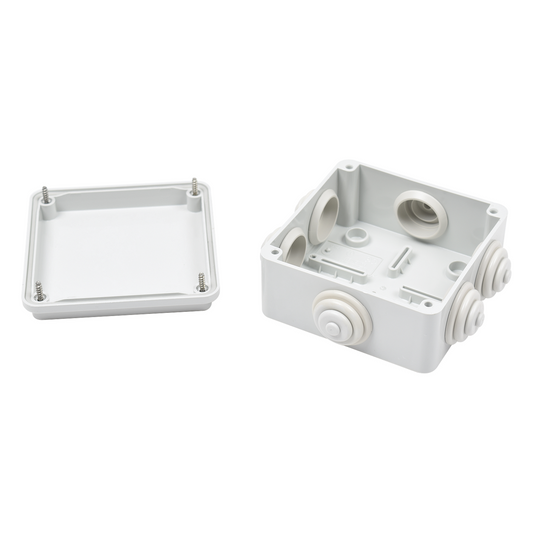 Caja Estanca de PVC Para Derivación y Conexión, 6 Entradas, Tapa Atornillada,100x100x50 mm (Área Interna), Uso Exterior IP55, Material que no Propaga el Fuego y Libre de Hálogenos