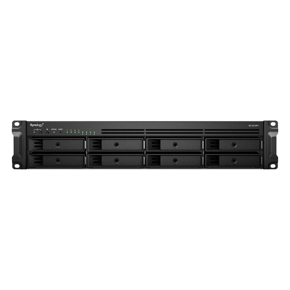 Servidor de Almacenamiento en Red Synology RackStation RS1221RP+ | 8 Bahías | Expandible a 12 Bahías | CPU AMD Ryzen V1500B | 4 GB DDR4 ECC | RAID Soportado | 10/25GbE | Virtualización Certificada | Protección de Datos Integral