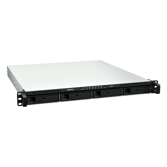 NAS Rackmount 4 Bahías / 1U 44 mm (1.73 in) / AMD Ryzen V1500B 4 Núcleos 2.2 GHz / 4GB DDR4 ECC SODIMM / 4x 1GbE RJ45 / PCIe 3.0 x8 / Escalable a 8 Bahías con RX426 / DSM / Storage Tiering