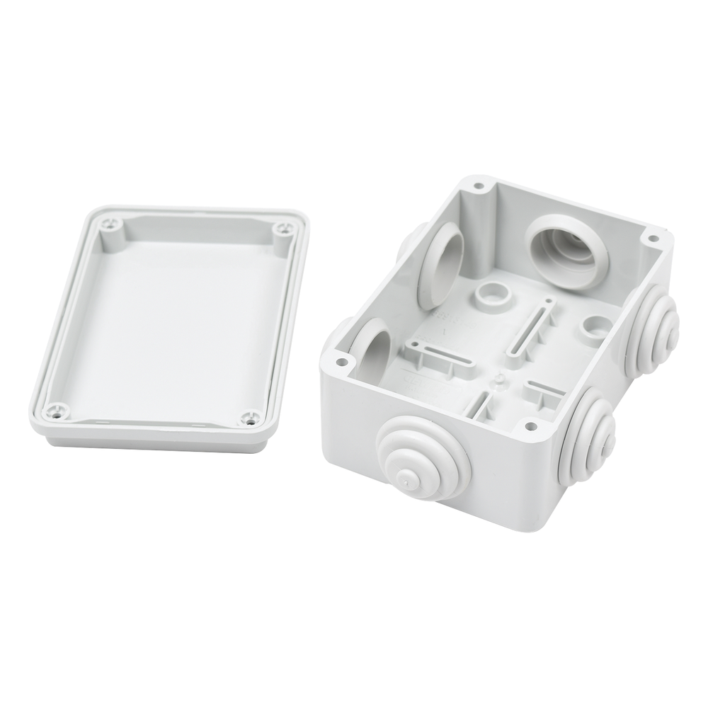 Caja Estanca de PVC Para Derivación y Conexión, 6 Entradas, Tapa Atornillada, 120x80x50 mm (Área interna), Uso Exterior IP55, Material que no Propaga el Fuego y Libre de Hálogenos