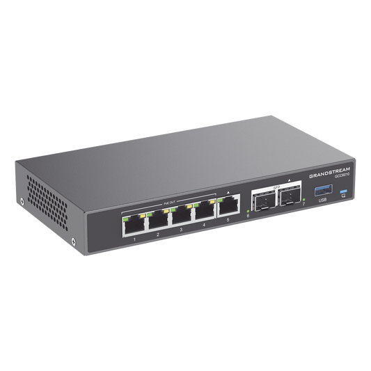 4 en 1: Firewall Nueva Generación, Router, IP PBX (24 usuarios / 8 llamadas), Switch Gigabit de 5 Puertos (4 PoE) y 2 Puertos SFP 2.5 Gigabit