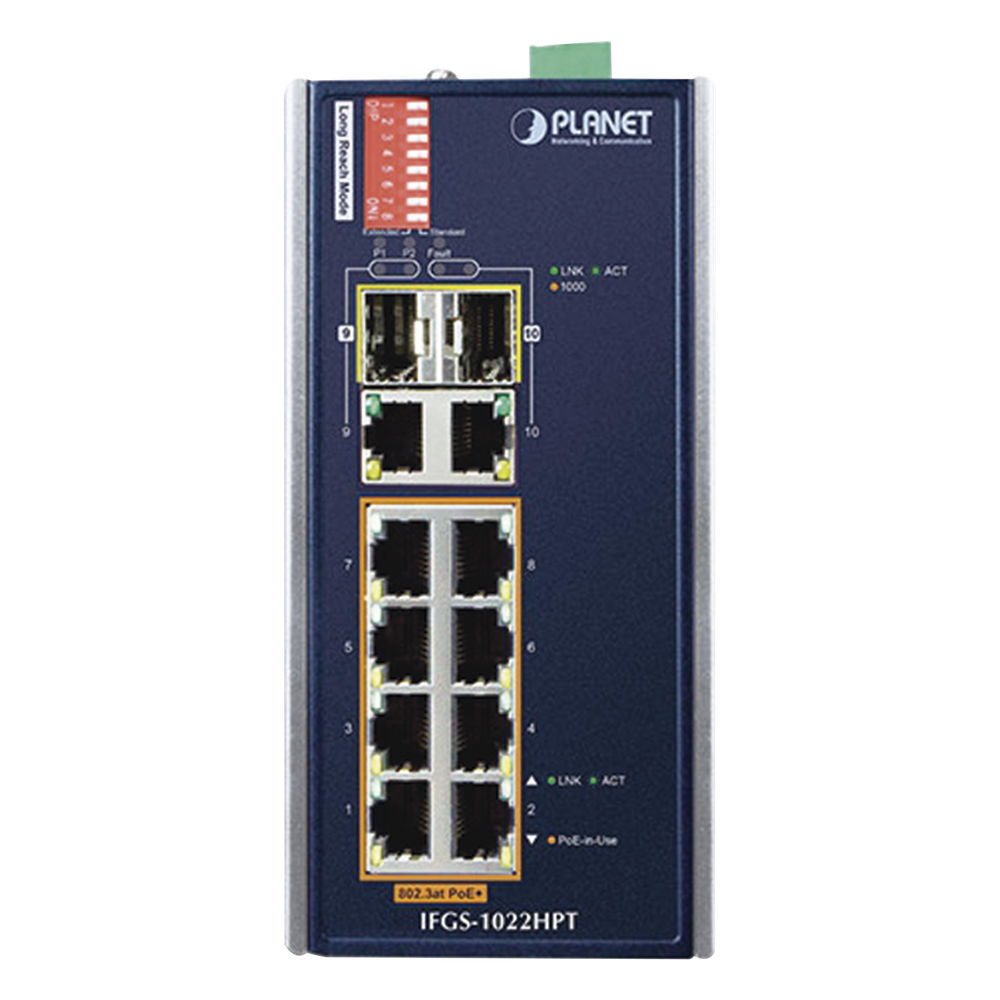 Switch Industrial PoE no administrable de 8 Puertos 10/100TX 802.3at,  Hasta 240 W, Combo TP / SFP Gigabit TP / SFP  (-40 ~ 75 grados C)