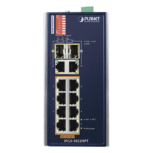 Switch Industrial PoE no administrable de 8 Puertos 10/100TX 802.3at,  Hasta 240 W, Combo TP / SFP Gigabit TP / SFP  (-40 ~ 75 grados C)