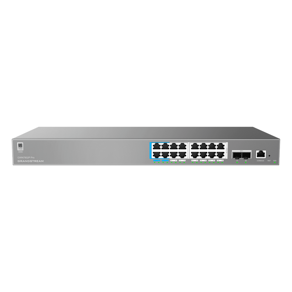 Switch de Red Empresarial L2++ / Serie GWN7800 Pro / 16 Puertos Gigabit PoE 250W / 2 Puertos SFP+ / Gestión Cloud GDMS / VLAN 4K / QoS Avanzado / Seguridad Integral