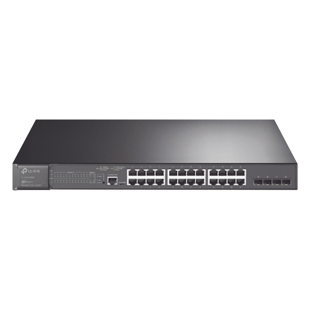 Switch L2+ Omada PoE+ / 24 Puertos PoE+ 10/100/1000 Mbps / 4 Puertos SFP 1G / 2 Puertos Consola (RJ45 y microUSB) / Administración Centralizada Omada o Stand-Alone / Multicast IGMP / Calidad de Servicio / Presupuesto PoE 384W / Montaje en Rack