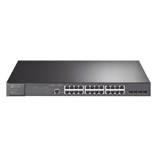 Switch L2+ Omada PoE+ / 24 Puertos PoE+ 10/100/1000 Mbps / 4 Puertos SFP 1G / 2 Puertos Consola (RJ45 y microUSB) / Administración Centralizada Omada o Stand-Alone / Multicast IGMP / Calidad de Servicio / Presupuesto PoE 384W / Montaje en Rack