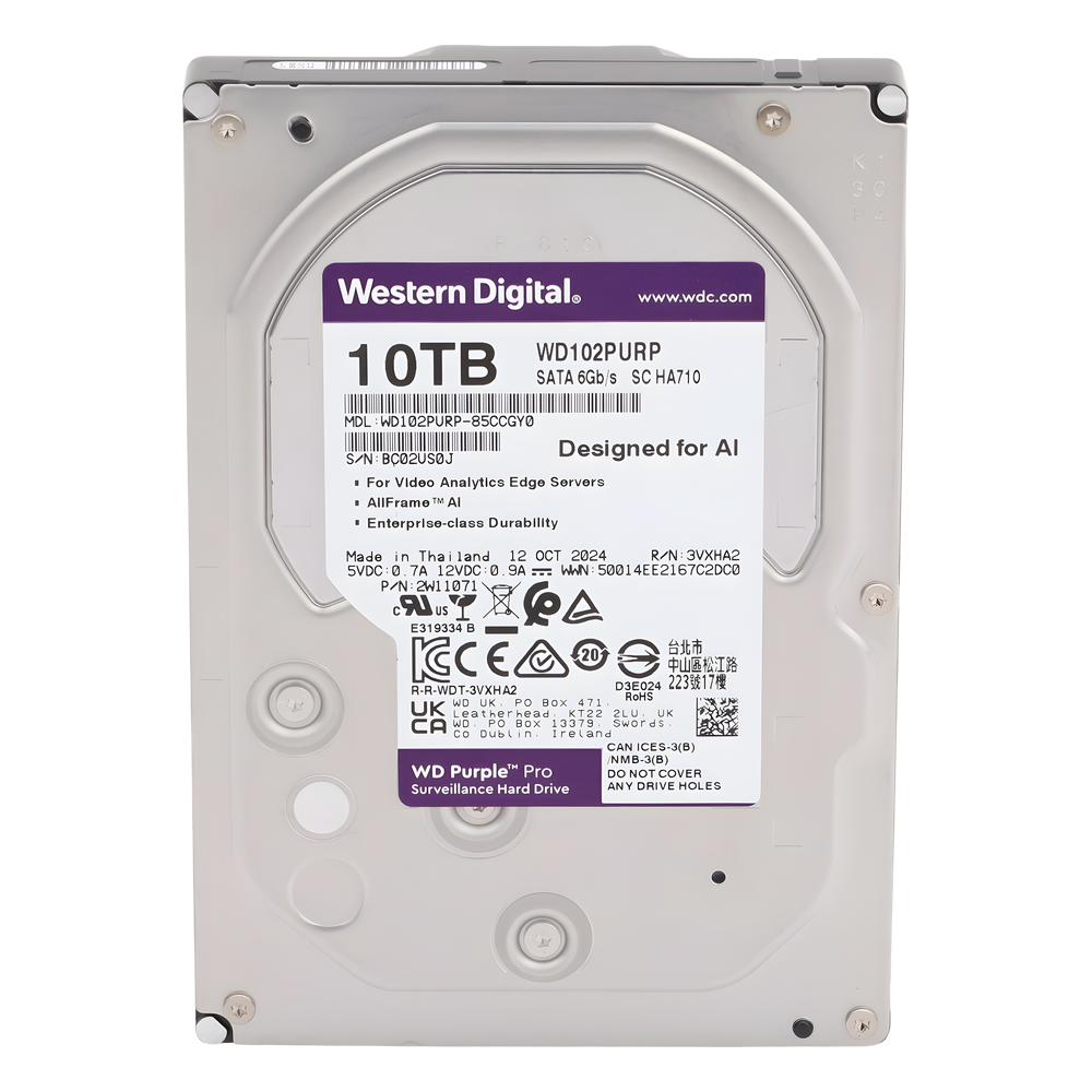 Disco Duro Purple Pro de 10 TB / 7200 RPM / Optimizado para Soluciones de Videovigilancia con Analiticos (Meta Data) / Uso 24-7 / 5 Años de Garantia