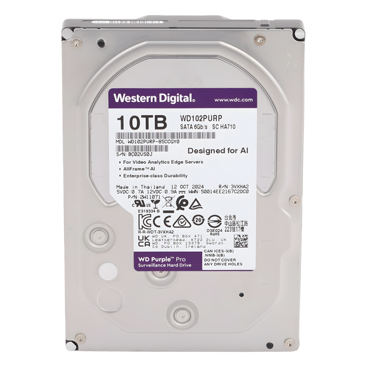 Disco Duro Purple Pro de 10 TB / 7200 RPM / Optimizado para Soluciones de Videovigilancia con Analiticos (Meta Data) / Uso 24-7 / 5 Años de Garantia