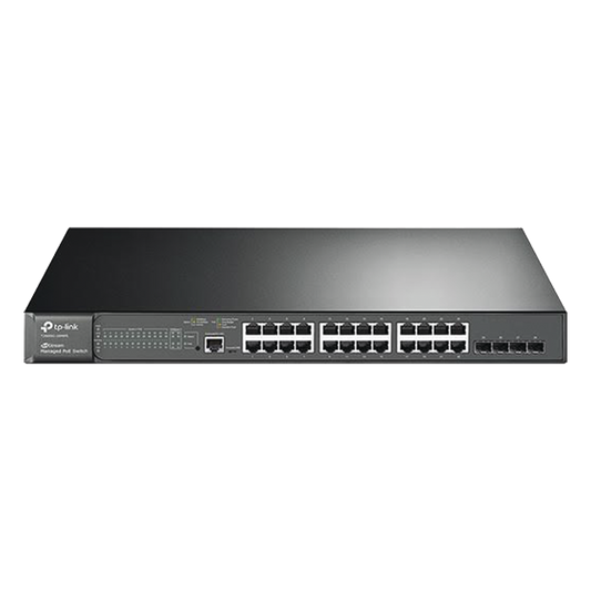 Switch JetStream PoE+ administrable Capa 2, 24 puertos 10/100/1000 Mbps + 4 puertos SFP 384 W