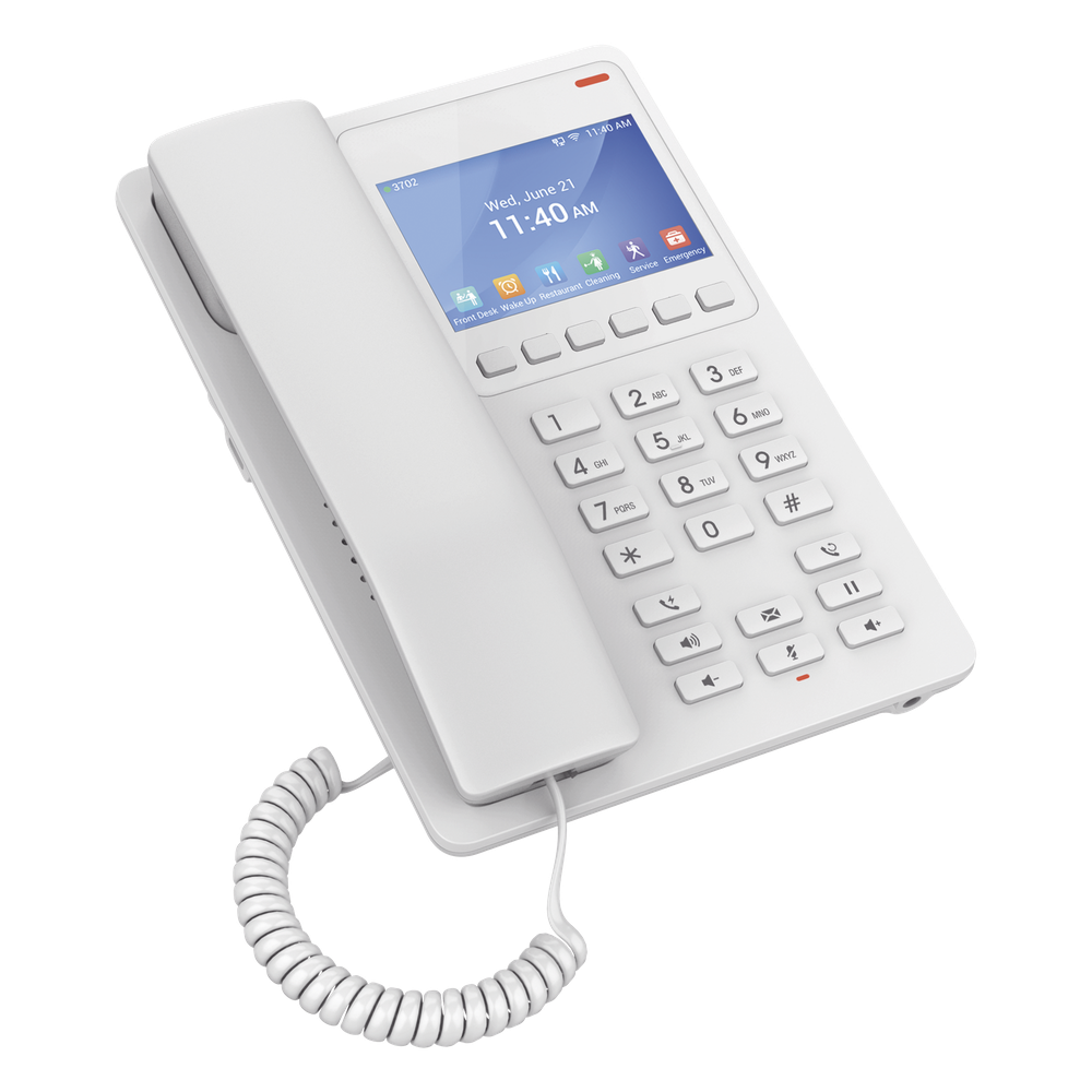 Teléfono IP Hotelero con pantalla LCD a color, 2 líneas SIP con 2 cuentas, codec Opus, IPV4/IPV6, color blanco, con gestión en la nube GDMS